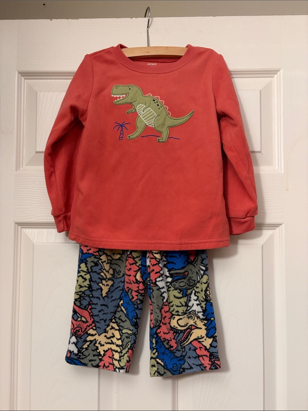 Carter's Coral Top with Green Dinosaur & Multicolor Dino Fleece Pants